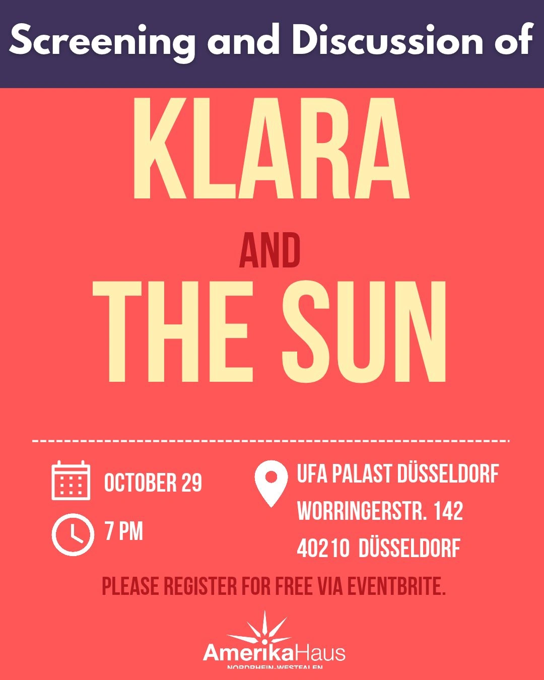 Event poster for "Screening and Discussion of Klara and the Sun" by AmerikaHaus NRW